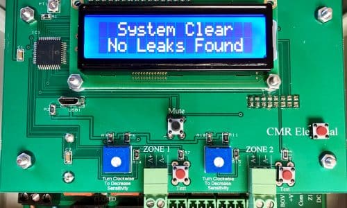 LD2-3 water leak alarm showing the 10K sensitivity adjustment potentiometers for Zones 1 and 2.