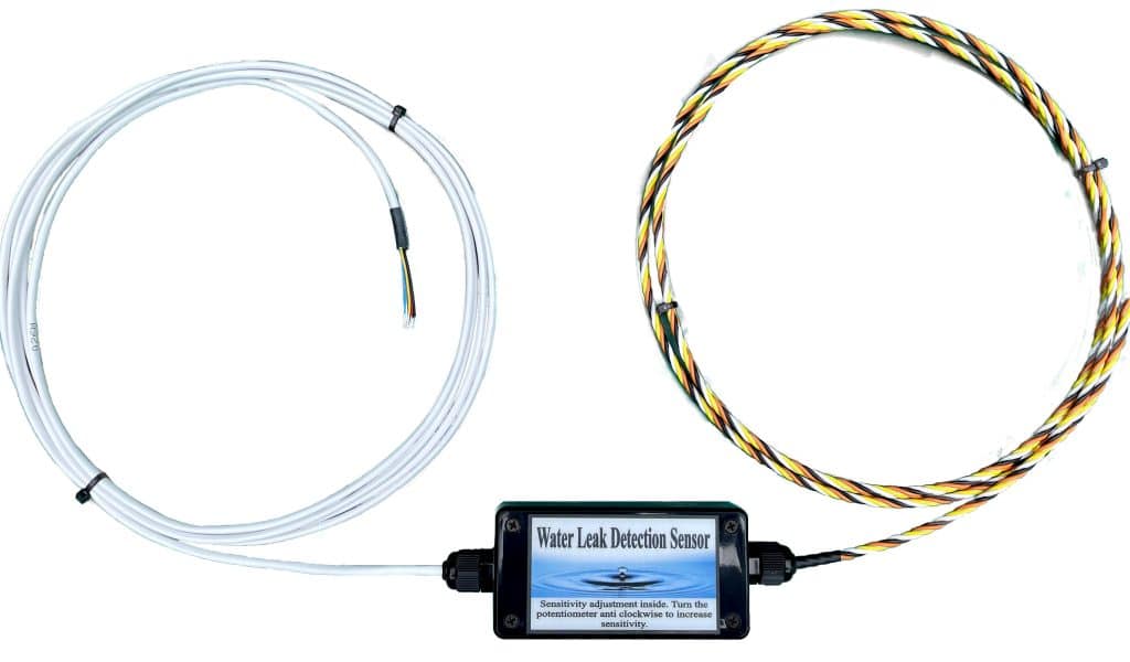 Photo of a standalone water leak sensor - type RWM. Has volt free relay contact to integrate with BMS.
